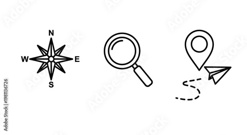 Travel icons featuring a compass magnifying glass and map silhouette