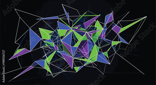Dynamic abstract three-dimensional geometric composition featuring scattered polygons in blue, green, and purple connected by glowing white lines on a dark, mysterious background.