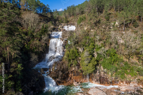 Peneda Geres National Park Portugal. Tahiti waterfalls. Scenic landscape , wild river. Its rugged hills are home to deer, wolves and golden eagles. T