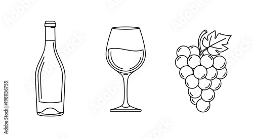 Wine bottle glass and grapes depicted in a minimalist silhouette