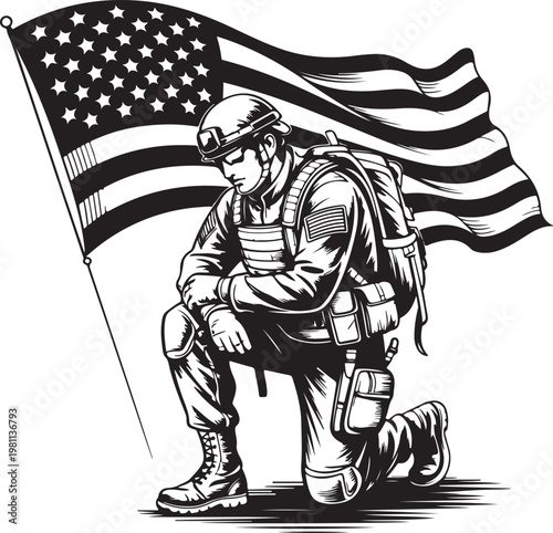 American Soldier Tribute Illustration with Waving Flag
Veteran Honor Concept with Soldier and US Flag Design