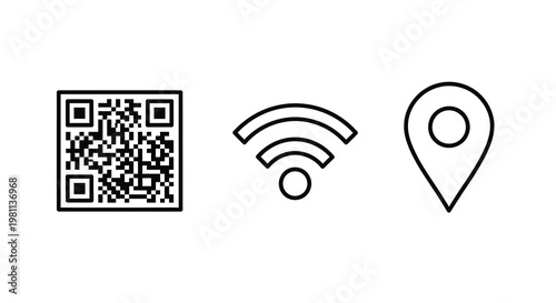 Three modern icons qr code wifi and location pin silhouette