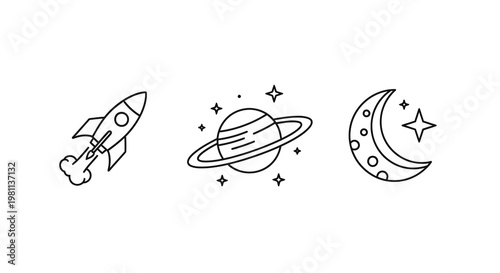 Space exploration elements rocket planet moon and stars silhouette