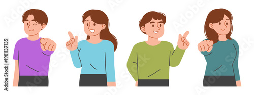 Four smiling people gesture with excitement and joy. They point forward, showing enthusiasm and encouragement. Perfect for educational, promotional, or motivational contexts