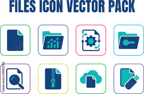 File Management and Data Storage Icon Set with Cloud Sync, Security and System Files Illustration