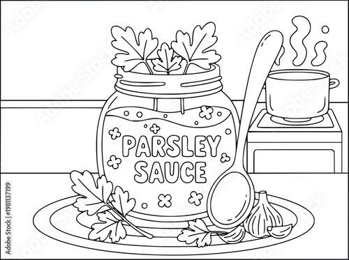 Parsley sauce jar is on a plate near a hot cooking pot in this coloring page