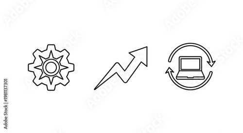 Linear icons representing progress growth and technology silhouette