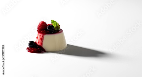 Minimalist panna cotta dessert with raspberry blueberry sauce and mint on clean white background elegant gourmet sweet food concept with copy space