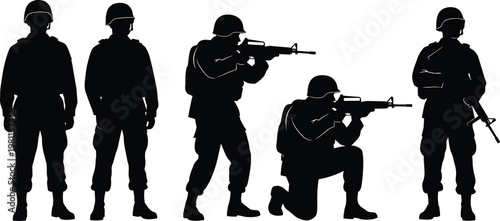 Set of Military Soldier Silhouettes in Various Poses Including Standing and Aiming Rifles for Combat Mission Tactical Design and War Concepts