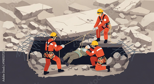 Rescue operation of injured person from rubble after earthquake