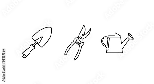 Gardening tools including a trowel shears and watering can silhouette