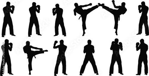 Martial Arts Silhouette Vector Set with Karate, Taekwondo, and Kickboxing Poses, Fighter Kicking and Punching Actions for Combat Sport Design Elements
