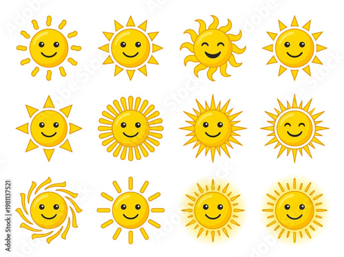 Collection of cheerful smiling cartoon suns with various expressions and designs on white background, simple flat style, optimistic icons for positivity and happiness