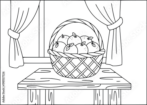 Orange fruits fill a woven basket on a table in this cozy indoor coloring page