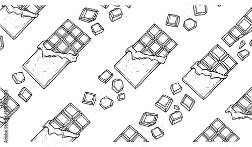 Chocolate bar and pieces seamless pattern hand drawn in dark gray with sketch style for textile packaging and food design