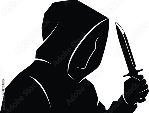 Silhouette of a hooded criminal holding a sharp knife, mysterious person in hoodie, conceptual image of crime, danger, and mystery.