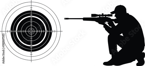 Silhouette of a sniper shooting with rifle and target board isolated on white background for shooting range and military designs
