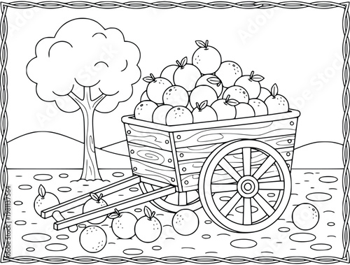 Orange fruits fill a vintage wooden cart in this harvest coloring page