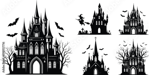 Spooky Halloween Haunted Castle Silhouettes Collection Featuring Gothic Palaces Flying Bats Witch on Broomstick Creepy Dead Trees and Cemetery Graveyard Elements