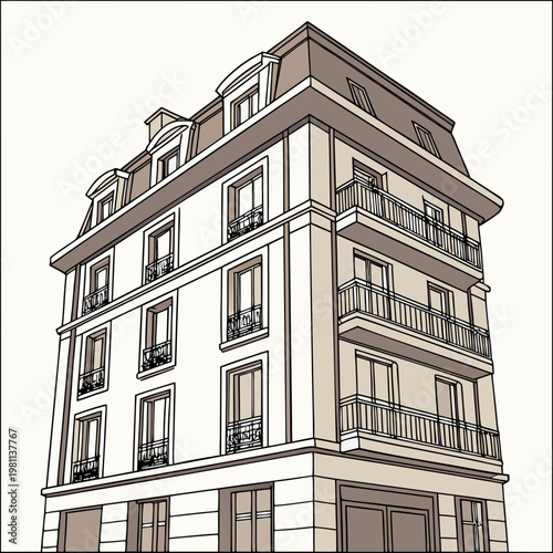 Illustration of a multistory building with balconies and windows on each floor