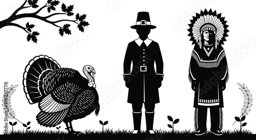 Thanksgiving Silhouette Vector Set with Pilgrim, Native American Chief, Turkey, and Autumn Leaves, Historical Holiday Celebration and Harvest Festival Design Elements