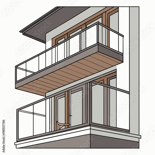 Modern apartment building with two balconies and glass railings