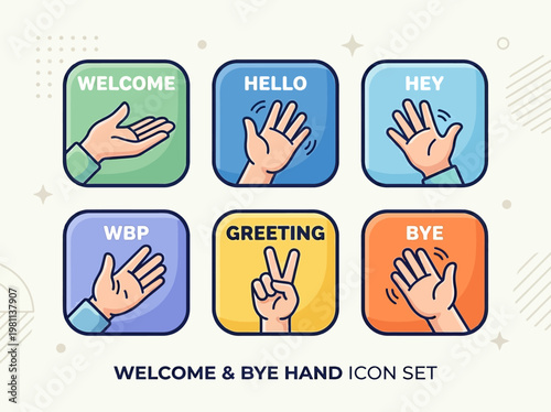 A colorful set of six hand gesture icons for welcoming and bidding farewell in a modern flat design style on a neutral background for digital communication and interface use