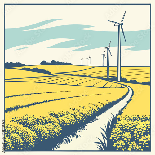 Vector illustration of a serene countryside landscape with wind turbines in a field of yellow flowers and crops under a blue sky with clouds