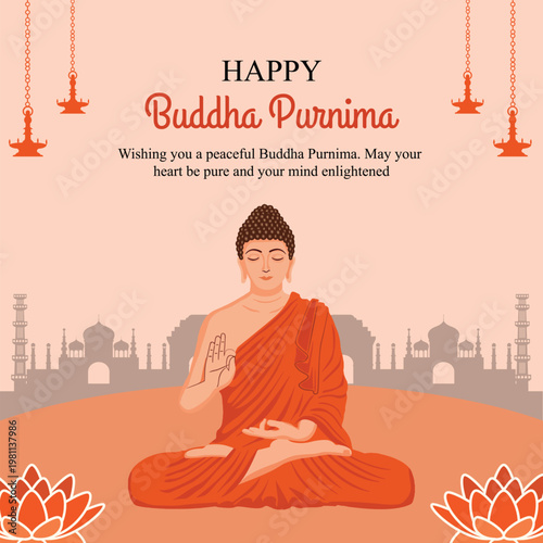 Buddha meditating peaceful spiritual warm pastel orange vector illustration for Buddha Purnima greeting card.