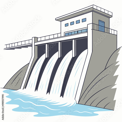 A large dam with water flowing out of it, , hydroelectric dam structure with flowing water