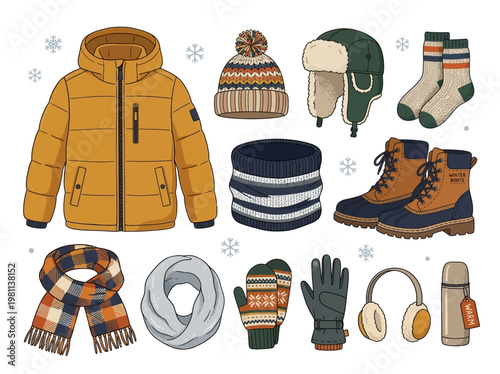 Vibrant winter clothing set including coat, boots, hat, scarf, gloves, socks, and earmuffs in colorful stripes and patterns, displayed on white background in a minimalist artistic style.