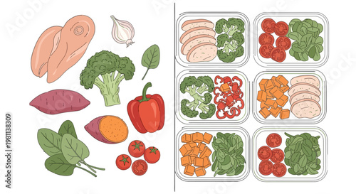 Healthy Meal Prep Illustration with Raw Ingredients and Lunch Box Containers Vector