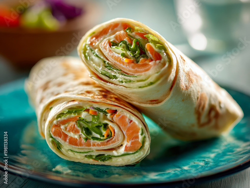 Fresh smoked salmon and cream cheese wraps garnished with leafy greens and rolled in soft flatbread served on a turquoise plate for a healthy meal option