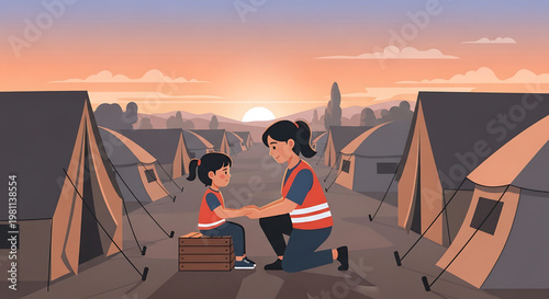 Compassionate humanitarian assistance offering comfort and support to a child in a refugee camp at sunset, symbolizing resilience and care during displacement