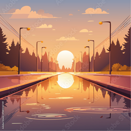 Serene Sunset Reflection on Wet Street with Silhouette Trees and Sunlight