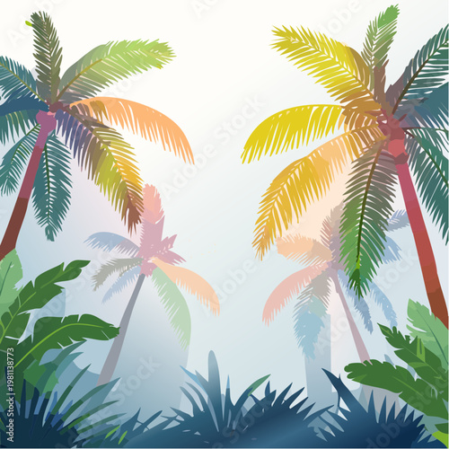 Vibrant tropical paradise illustration with colorful palm trees and lush foliage under a clear sky