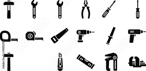 Black and white toolkit silhouette set featuring hammer wrench pliers screwdriver measuring tape saw drill knife.