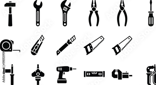 Black and white toolkit silhouette set featuring hammer wrench pliers screwdriver measuring tape saw drill level vise.