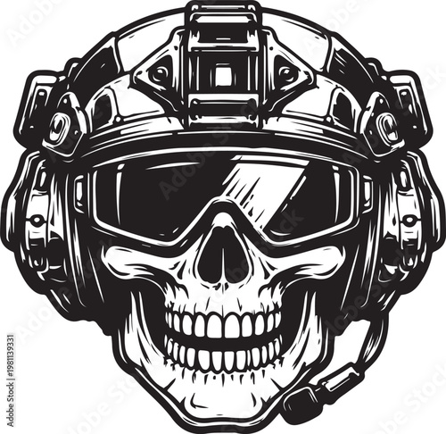 Combat Skull Illustration for Military and Gaming Theme
Armed Forces Skull Emblem in Monochrome Style