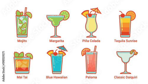 A collection of popular cocktail drinks.