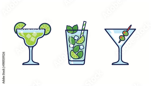 Colorful illustrations of cocktail drinks with lime.