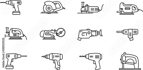 Linear icons collection of electric drills and woodworking saws for home renovation and repairs.