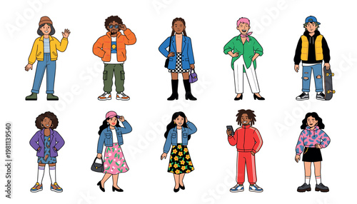 Diverse group of people in various outfits.