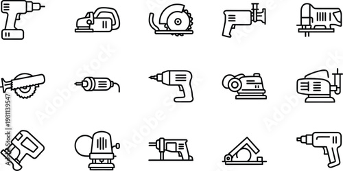 Set of modern line icons featuring power drills grinders and polishers for mechanical workshops.