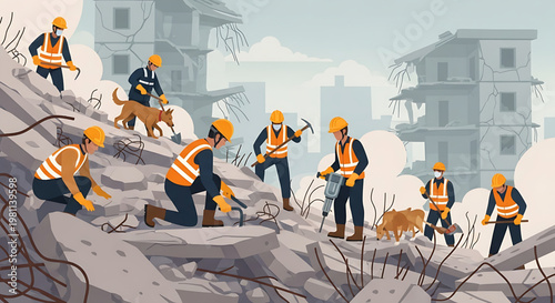 Dedicated rescue workers and search dogs diligently clear debris from a catastrophic building collapse, aiding in disaster relief and recovery efforts amidst widespread urban destruction