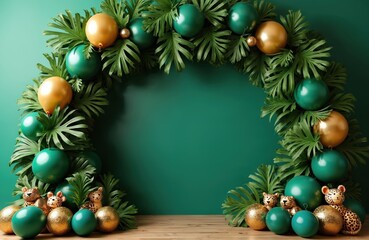 Green and gold balloons form jungle leaf arch. Cute toy leopards sit at bottom. Festive natural decoration for baby shower party or birthday celebration.