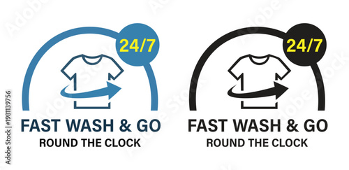 Fast Wash & Go Round the Clock Logo Featuring a T-Shirt Icon with 247 Symbol for Professional Laundry and Dry Cleaning Branding