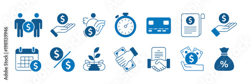 Credit and loan vector icon set, illustrations representing financing, money contracts, agreements, calculations, lenders, deadlines, cards, and repayment schedules for financial and banking design