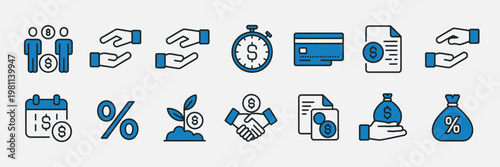 Credit and loan vector icon set, illustrations representing financing, money contracts, agreements, calculations, lenders, deadlines, cards, and repayment schedules for financial and banking design