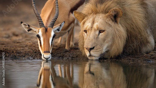 Gazelle and lion side by side drinking water at a lake, animals reflected in the water, high-quality color portrait
